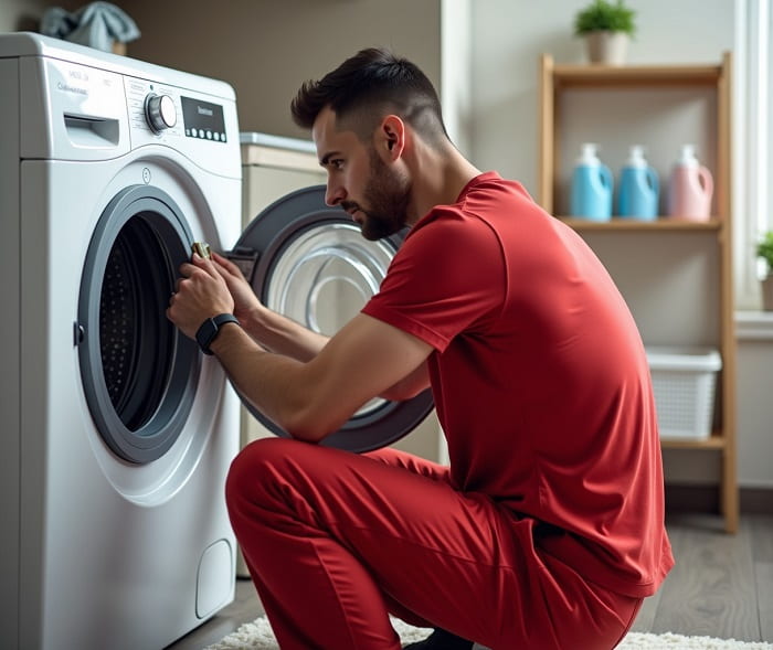 تعمیرکار نمایندگی تعمیرات لباسشویی بلومبرگ درحال تعمیر دستگاه
