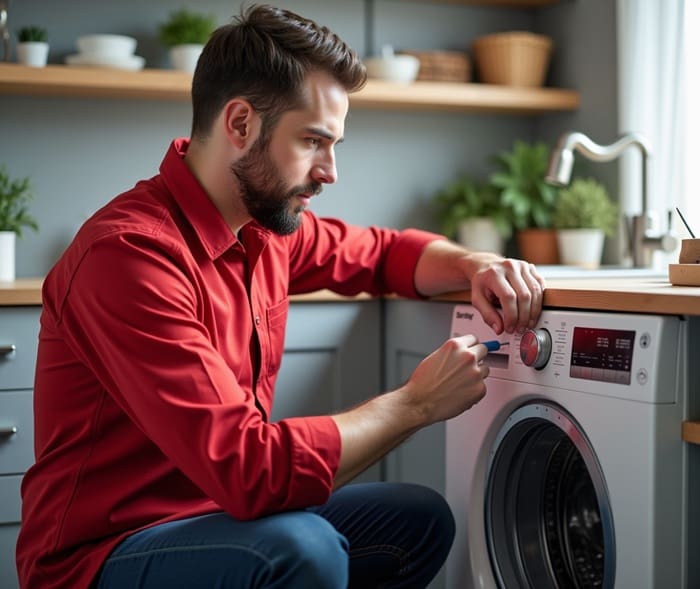 تعمیرکار درحال عیب یابی تخلیه نشدن آب لباسشویی بلومبرگ