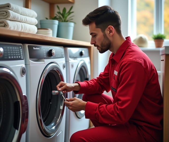 تعمیرکار درحال تعمیر لباسشویی بلومبرگ