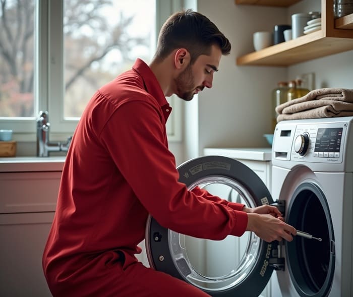 تعمیرکار درحال بررسی لباسشویی بلومبرگ