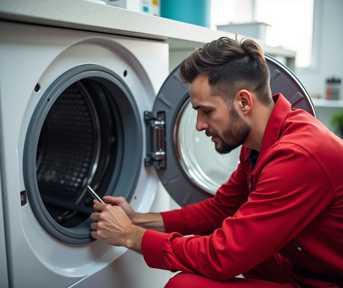 تعمیرکار درحال عیب یابی لباسشویی بلومبرگ