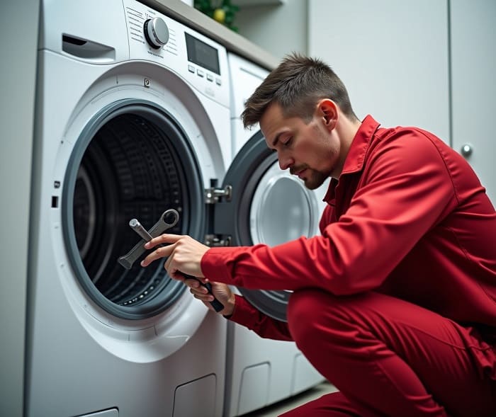 تعمیکار درحال بررسی علت نچرخیدن دیگ لباسشویی بلومبرگ