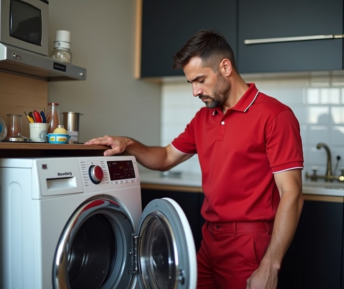 تعمیرکار نمایندگی بلومبرگ درحال بررسی لباسشویی