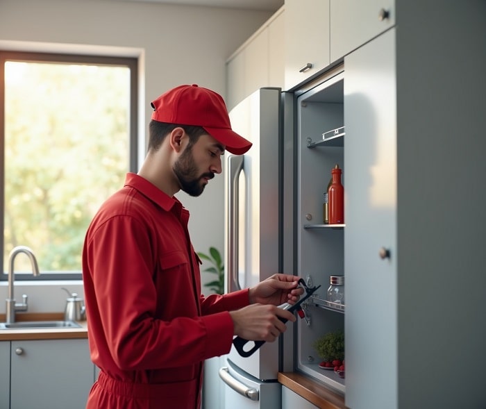 تعمیرکار یخچال بلومبرگ در حال تعمیر دستگاه