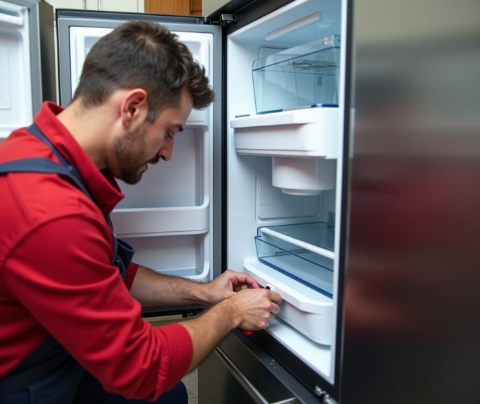تعمیرکار درحال عیب یابی یخچال