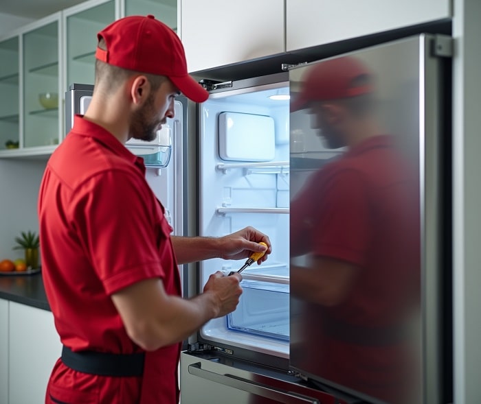 تعمیرکار در حال عیب یابی یخچال بلومبرگ 